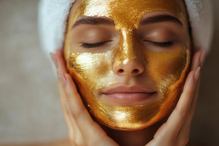 Beautician is applying a golden mask on a client's face, providing a luxurious spa treatment for skin rejuvenationの素材