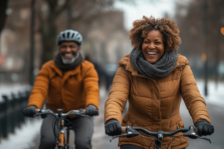 Cheerful couple is enjoying a bike ride on a cold winter day, promoting healthy urban livingの素材