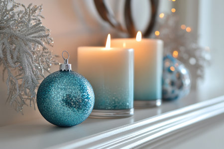 Elegant christmas decoration with burning candles, turquoise glitter ball ornament and silver decoration on a white fireplace mantelpieceの素材
