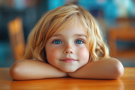 Cute little girl with blond hair and blue eyes resting her chin on her folded arms on a wooden tableの素材