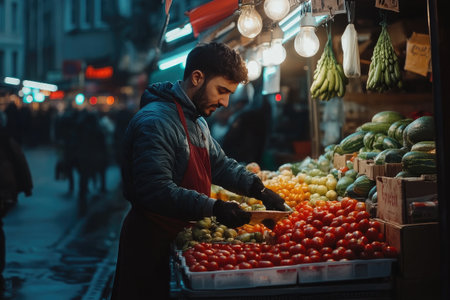 Greengrocer arranging tomatoes and other vegetables at his stall in a night market, illuminated by light bulbsの素材