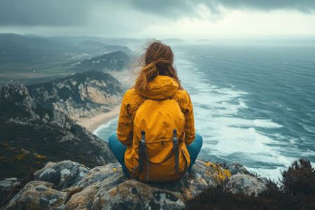 Female hiker wearing yellow jacket and backpack enjoying inspiring view of ocean waves crashing on shore after reaching mountain peakの素材