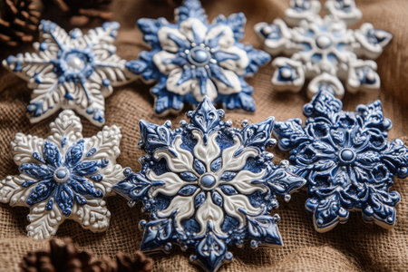 Decorative blue and white snowflakes creating a festive Christmas atmosphereの素材