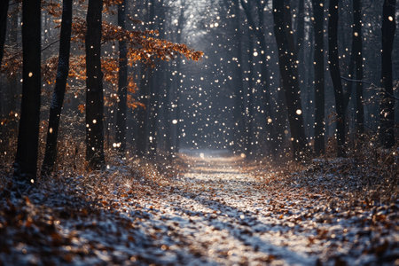 Snowflakes falling on a forest path covered in leaves during a winter dayの素材