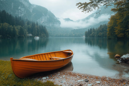 Orange wooden rowboat rests on the pebbled shore of a tranquil alpine lake, surrounded by mist-shrouded mountains and lush forestsの素材