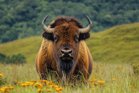 Majestic European bison standing in a field of yellow flowers with a blurred green forest in the backgroundの素材