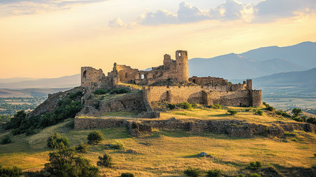 Scenic view of the ruins of an ancient castle located on a hill in a desolate landscape under a bright blue skyの素材
