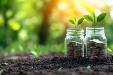 Plants growing on stacks of coins in glass jars symbolize investment, savings, and sustainable finance, promoting eco-friendly growthの素材
