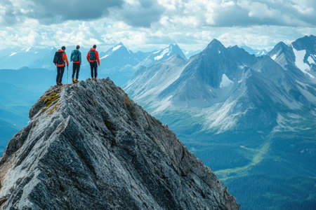 Three hikers standing on a mountain peak, enjoying a breathtaking view of a vast mountain rangeの素材