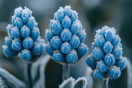 Close-up of delicate blue muscari flowers covered in frost, capturing the beauty of winter's touch on emerging bloomsの素材