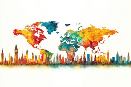 Colorful world map with famous landmarks and city skyline representing global business, travel and international connectionsの素材