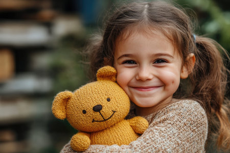 Happy child embracing her favorite handmade yellow toy bear, enjoying a playful moment outdoors during fallの素材
