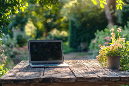 Modern laptop computer placed on rustic wooden table in a beautiful garden with flowers, enjoying golden hour sunlightの素材
