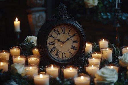 Many lit candles and white roses surround a vintage clock in a dark room, creating a cozy and romantic atmosphereの素材