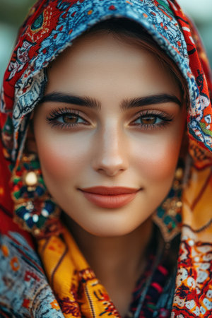 Close-up portrait of smiling beautiful young woman wearing colorful traditional headscarf and jewelryの素材