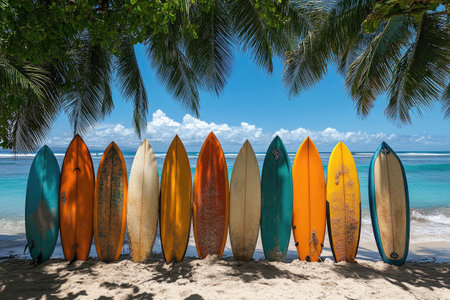 Many colorful surfboards standing on a sandy beach under palm trees on a sunny dayの素材