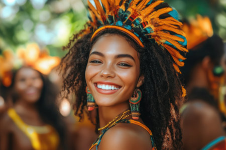 Portrait of a happy Brazilian dancer smiling and wearing a colorful feather headdress during a carnival paradeの素材