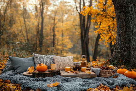 Enjoying a relaxing autumn picnic in a forest with pumpkins, candles, and delicious treats on a cozy blanketの素材