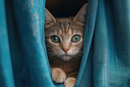 Adorable kitten peeking through blue curtain, playing hide and seekの素材