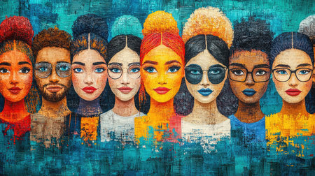Colorful painting representing diversity, equality and tolerance with portraits of women and men of different ethnicitiesの素材