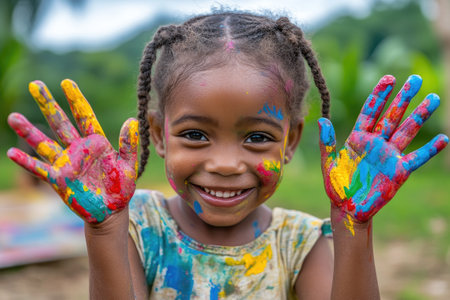 Portrait of a smiling young girl showing her colorful painted handsの素材