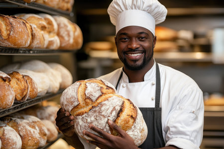 Smiling baker proudly presenting a large loaf of freshly baked sourdough bread in his bakeryの素材