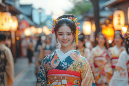 Young woman wearing a colorful floral kimono with an obi and hair ornaments smiles during a traditional Japanese festivalの素材
