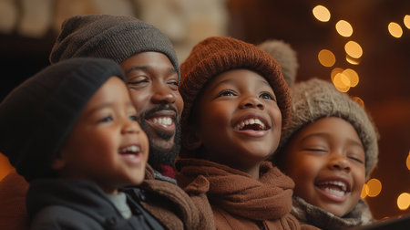 Smiling african american father and children enjoying christmas time together at homeの素材
