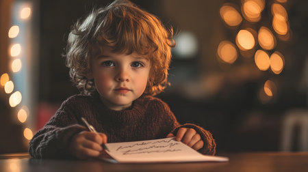 Toddler writing christmas letter with fairy lights in backgroundの素材
