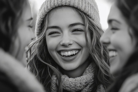 Happy teenage girl wearing knit hat and scarf smiling and laughing with friends outdoors in black and whiteの素材