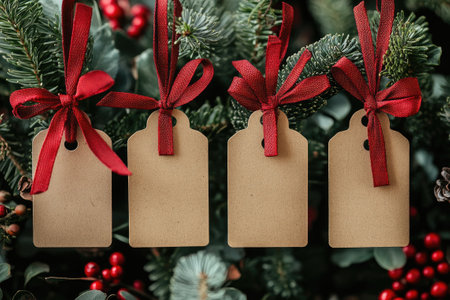 Four blank kraft gift tags with red ribbons are hanging on a Christmas tree, waiting to be personalizedの素材