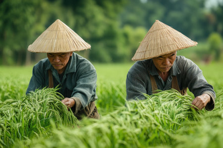 Two Vietnamese farmers wearing traditional conical hats are harvesting rice in a vibrant green paddy fieldの素材