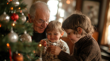 Grandfather and grandchildren decorating Christmas tree with lights and ornaments, enjoying Christmas time togetherの素材