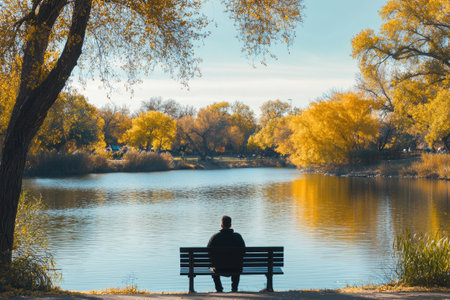 Man relaxing on park bench by lake enjoying autumn colorsの素材