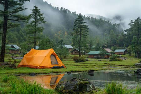 Orange camping tent reflecting in a lake in a campground surrounded by misty mountains and wooden cabinsの素材