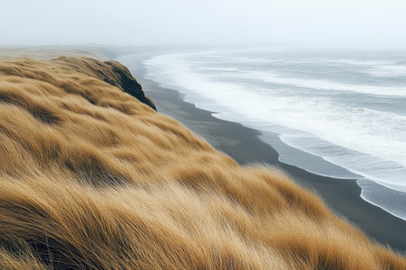 Dry grass covers a cliff overlooking a black sand beach and ocean wavesの素材