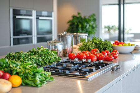 Fresh vegetables and ingredients are arranged on a modern kitchen counter, ready for a chef to prepare a delicious mealの素材