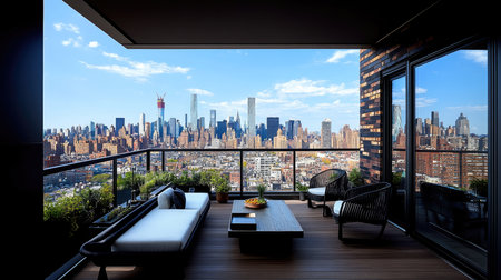 Relaxing outdoor space offering breathtaking panoramic views of the Manhattan cityscapeの素材