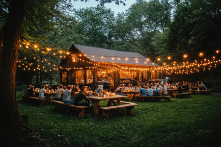 People enjoying a beautiful summer evening party with string lights in a rustic wooden barnの素材
