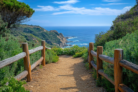 Wooden fence borders a gravel hiking path leading to a scenic overlook of the Pacific ocean on the California coastlineの素材