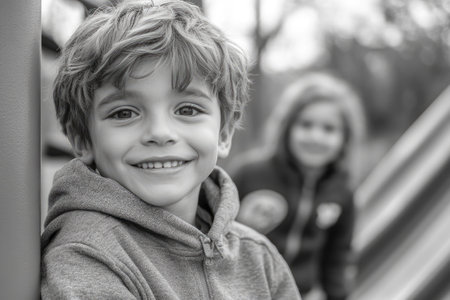 Happy child smiling at playground with friend out of focus in backgroundの素材