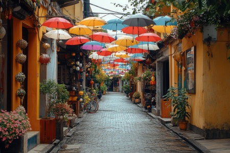 Vibrant umbrellas decorating a charming street in Hoi An, Vietnam, creating a picturesque sceneの素材