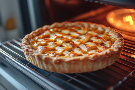 Golden-brown apple pie cooling on a rack after baking in the oven, a classic homemade dessertの素材