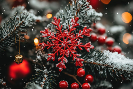 Snow falling on Christmas tree decorated with red snowflake ornament, red berries, and golden bellの素材