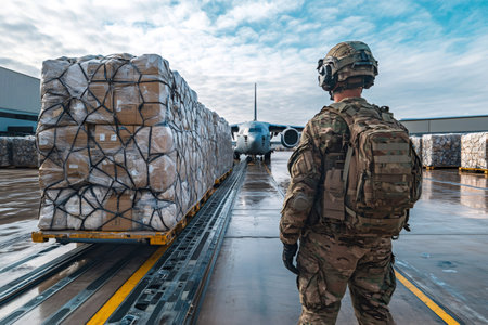 Soldier overseeing loading of humanitarian aid supplies onto a military transport aircraftの素材