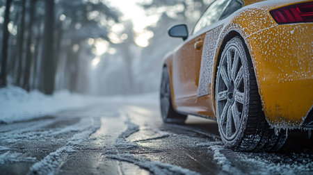 Yellow sports car covered with frost parked on a snowy road in a winter forest at sunriseの素材