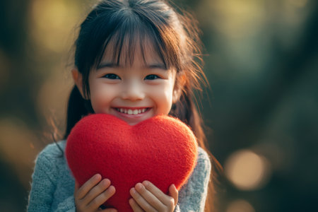 Adorable little girl showing love and happiness, embracing a plush red heart, enjoying a sunny day outdoorsの素材