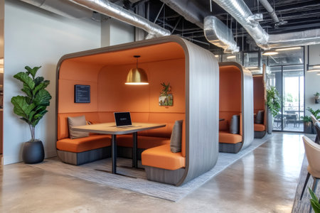 Coworking space offering individual work pods with orange upholstery, a shared table, and a laptop, promoting focused work in a shared environmentの素材
