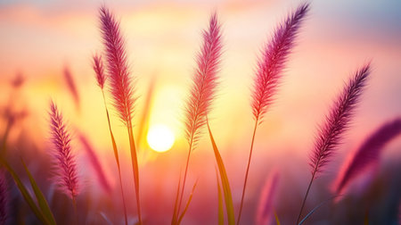 Purple grass flowers gently swaying in the breeze against a backdrop of a vibrant sunsetの素材