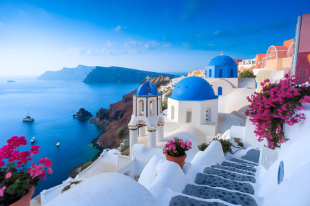 Picturesque view of traditional whitewashed houses and blue domed churches perched on cliffs in Oia village at Santorini island, Greeceの素材